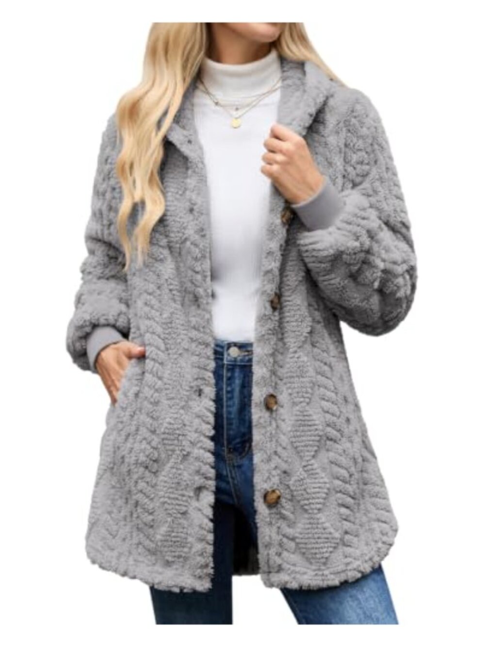 Sherpa Fleece Hooded Button Down Winter Coat Warm Jacket